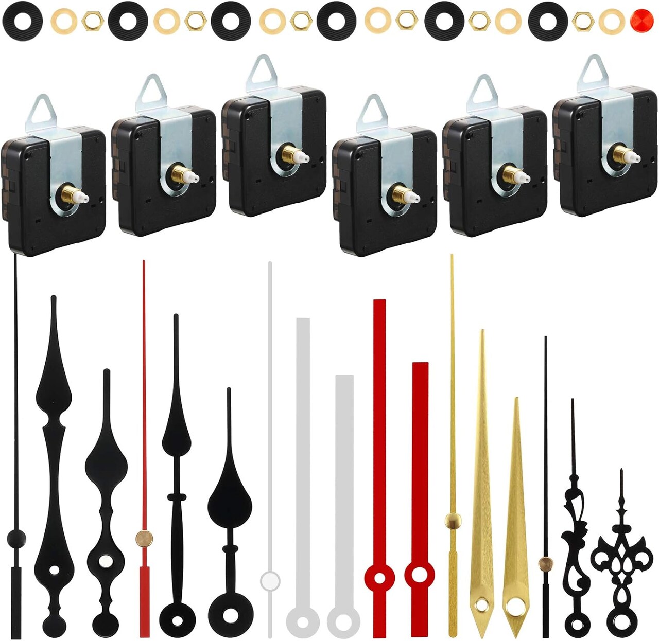 6-Piece High Torque Quartz Clock Movement Kit – 6 Pairs of Hands, Battery-Powered, DIY Long Shaft Repair Parts (13mm).